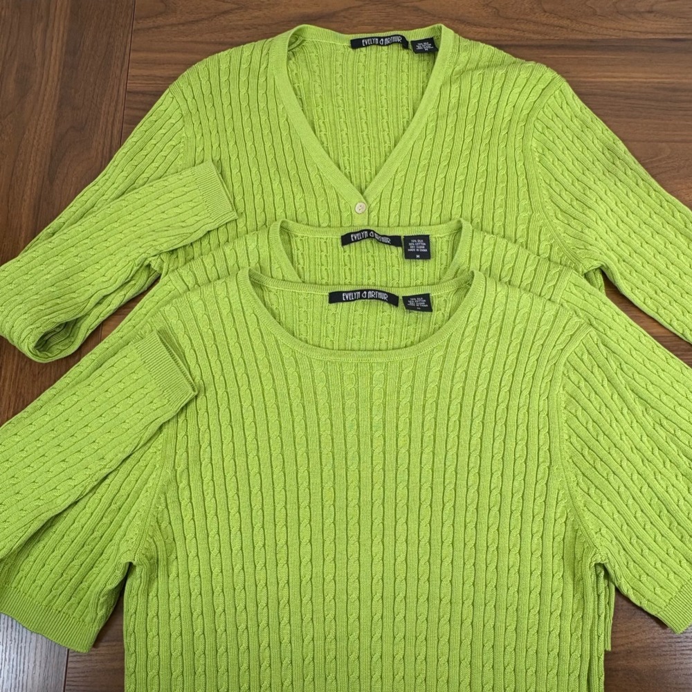Evelyn & Arthur Lime Green Silk Blend Cable Knit 3 Pc Cardigan Sweater Set Sz‎ M